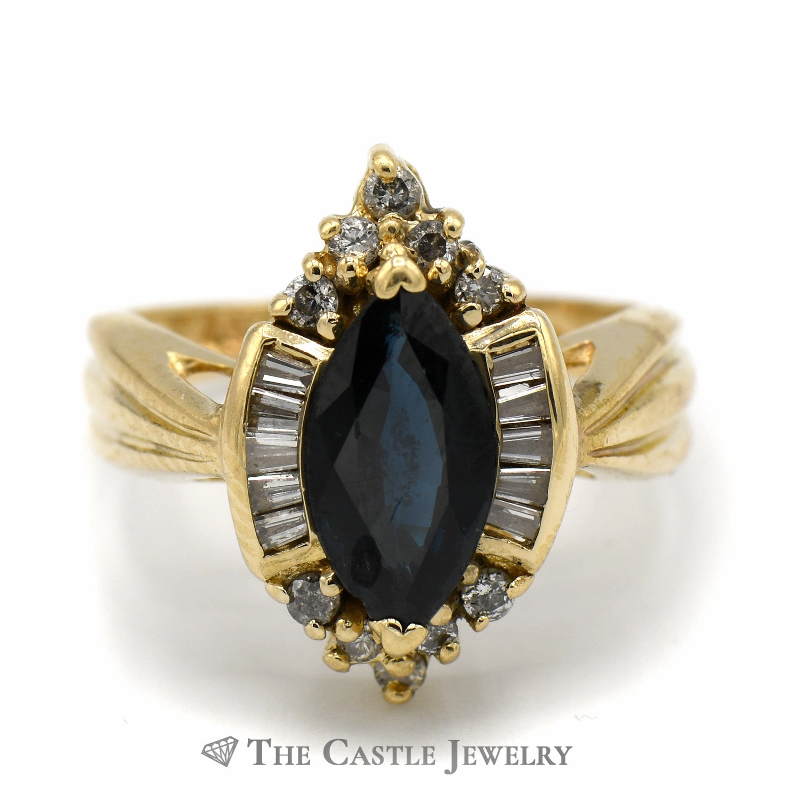 Marquise Shaped Sapphire Ring with Baguette and Round Diamond Accents in 14k Yellow Gold Delicate Keepsake