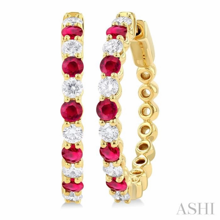 Delicate Pair 2.7 MM Round Shape Ruby and 7/8 ctw Round Cut Diamond Precious Hoop Earring in 14K Yellow Gold