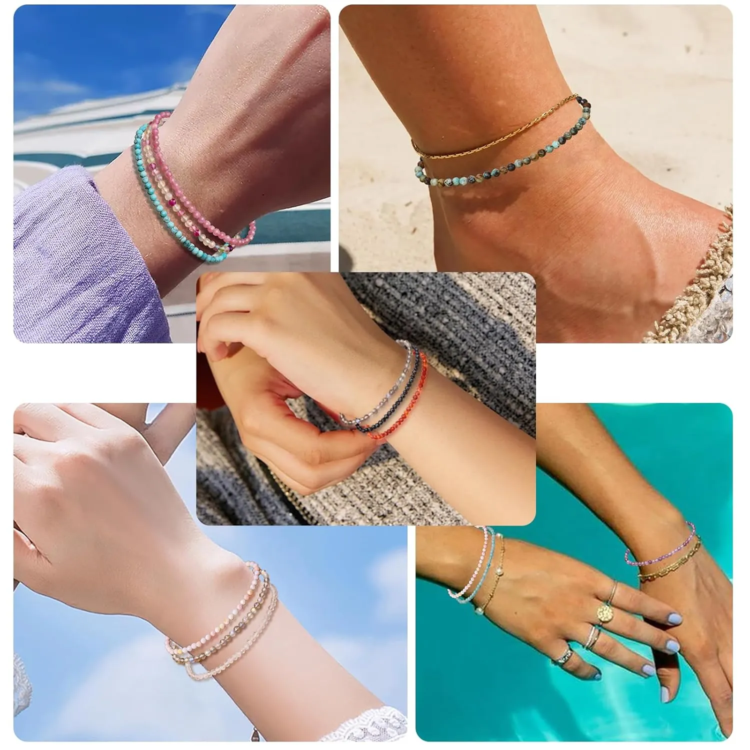 BONNY BOXX Natural Genuine Gemstone Faceted Round Beads Bracelets, 3mm Adjustable Stretchy Tiny Faceted Amazonite Bracelet, Healing Crystal Reiki Chakra Dainty Jewelry Fashion Gifts