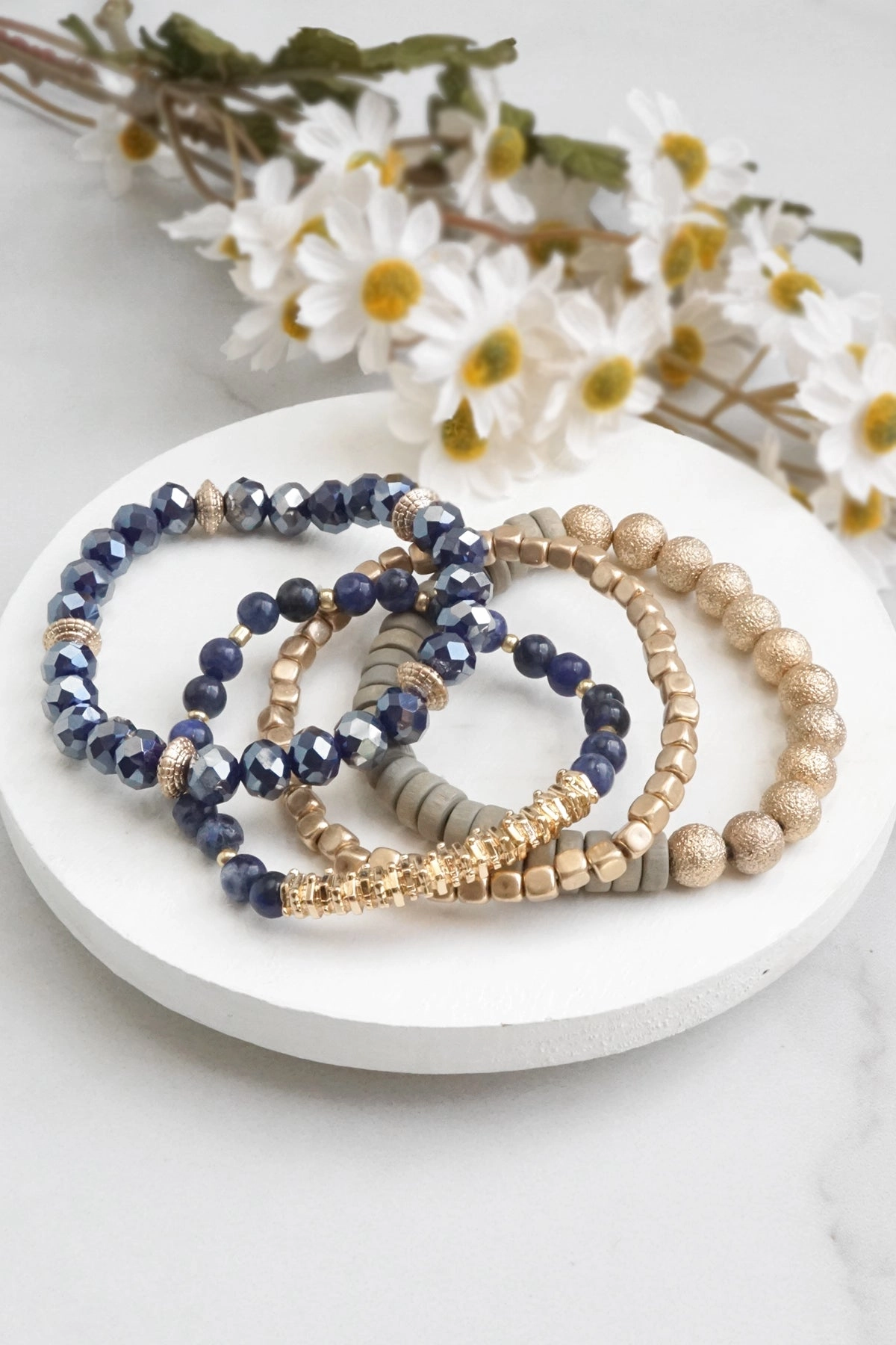 Bracelets stack of 4 piece beaded with Blue Semi Precious stones glass wooden and golden beads All-Nation Charm