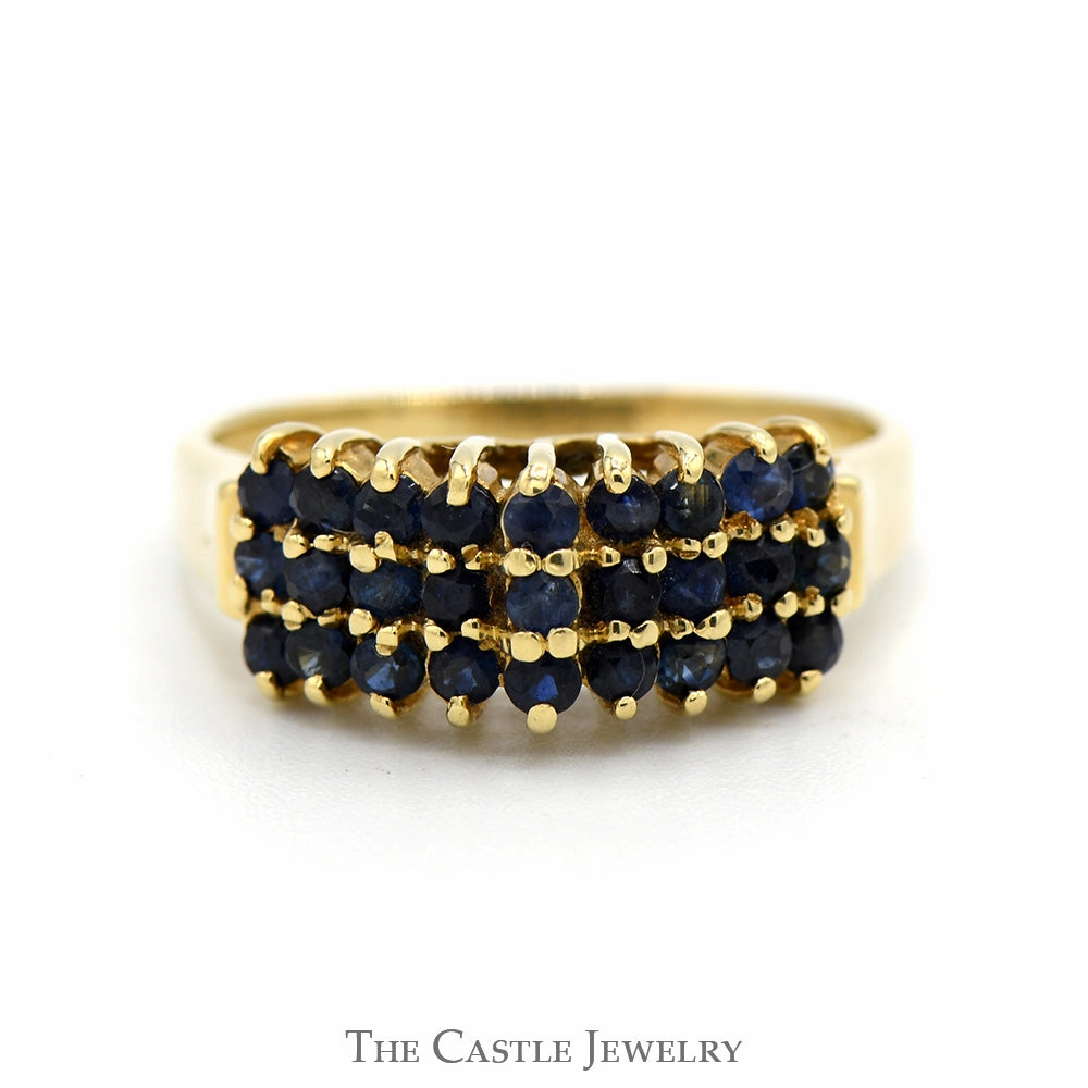 Three Row Round Sapphire Cluster Ring in 14k Yellow Gold High-End Product Wonderful Ornament