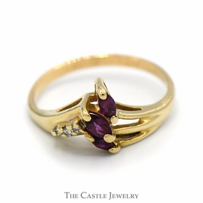 Fashionable Item Low-Cost Decoration Triple Marquise Rhodalite Garnet Ring with Diamond Accents in 14k Yellow Gold Split Shank V Shaped Setting