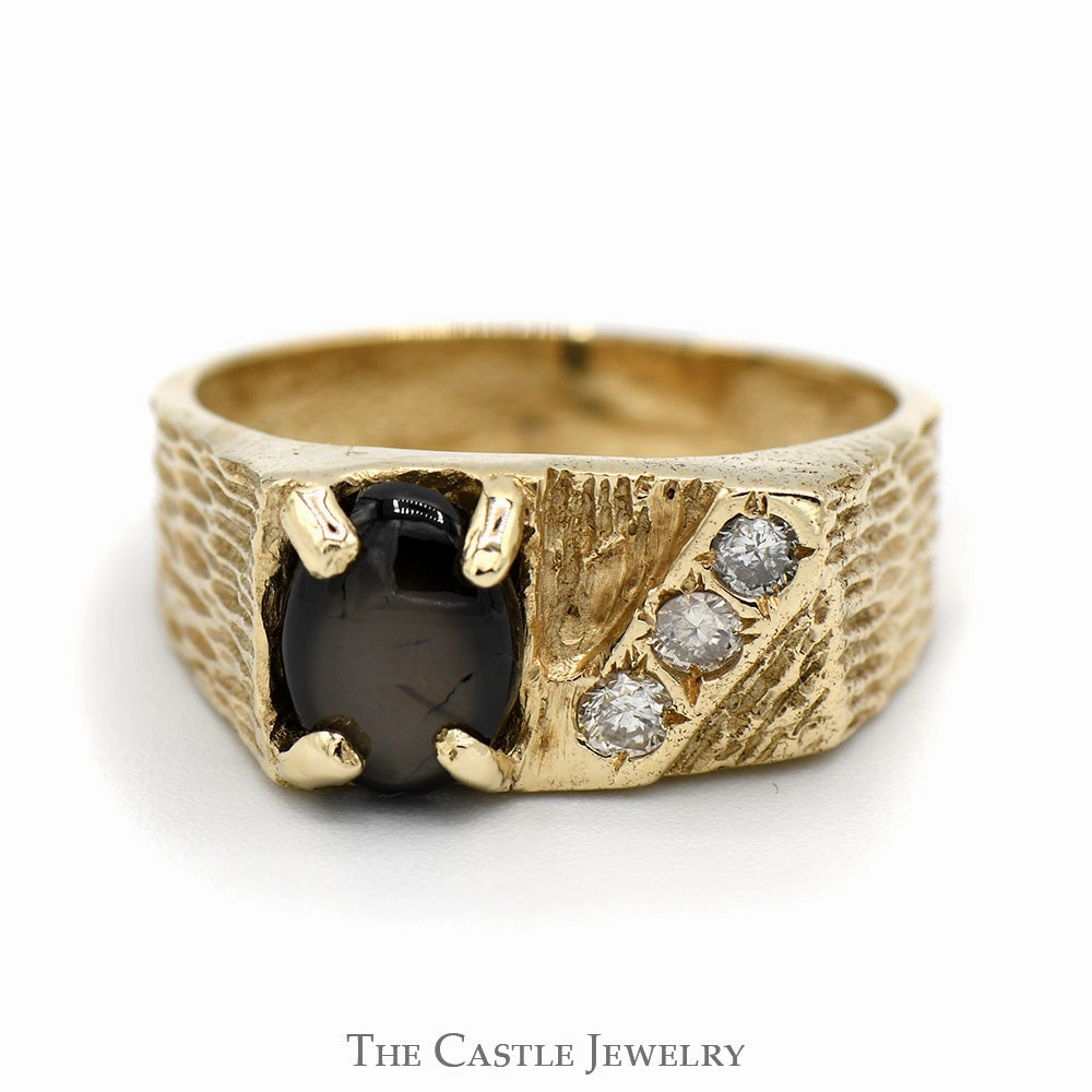 Cabochon Black Star Sapphire with Diamond Accents in 10k Yellow Gold Bark Designed Mounting Cozy Look
