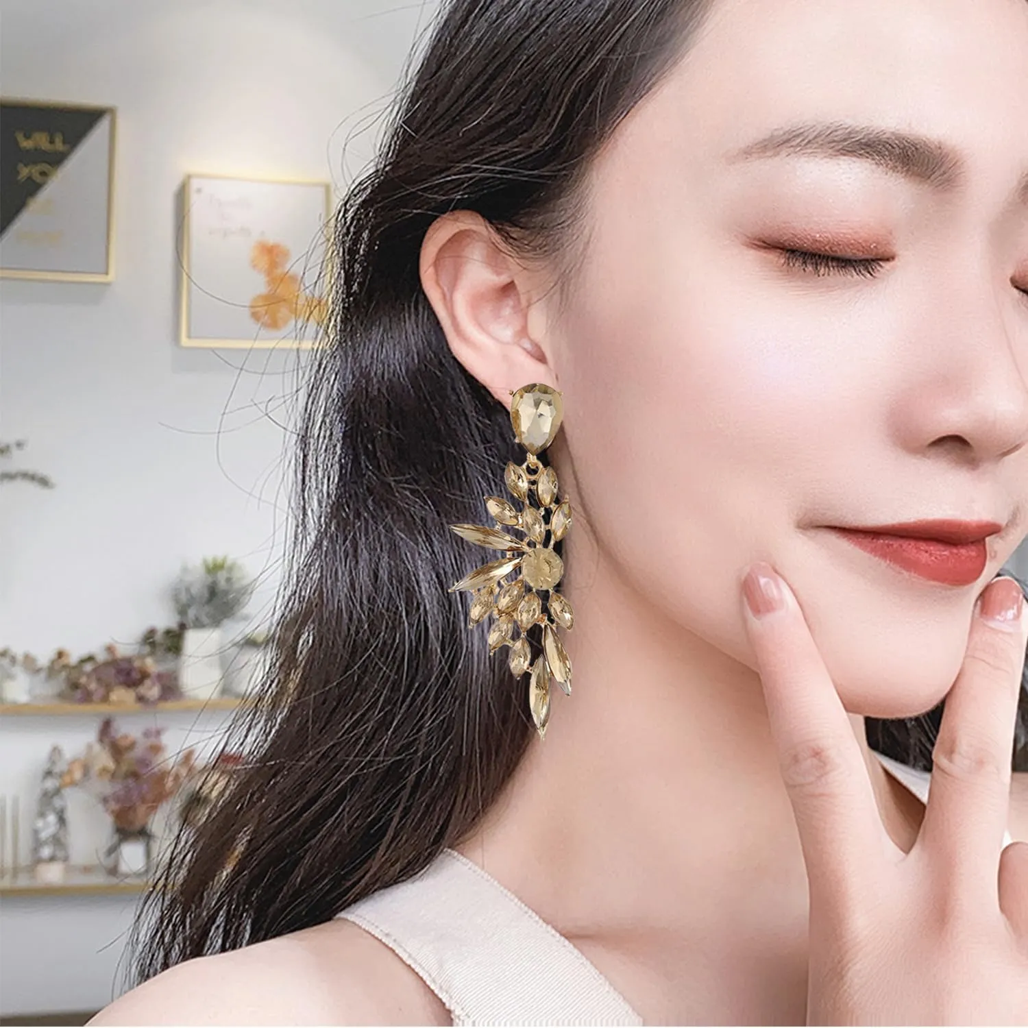 Bridal Rhinestone Statement Earrings for Women Big Cluster Dangle Earrings Large Cubic Zirconia Wedding Party Prom Long Earrings for Women Jewelry