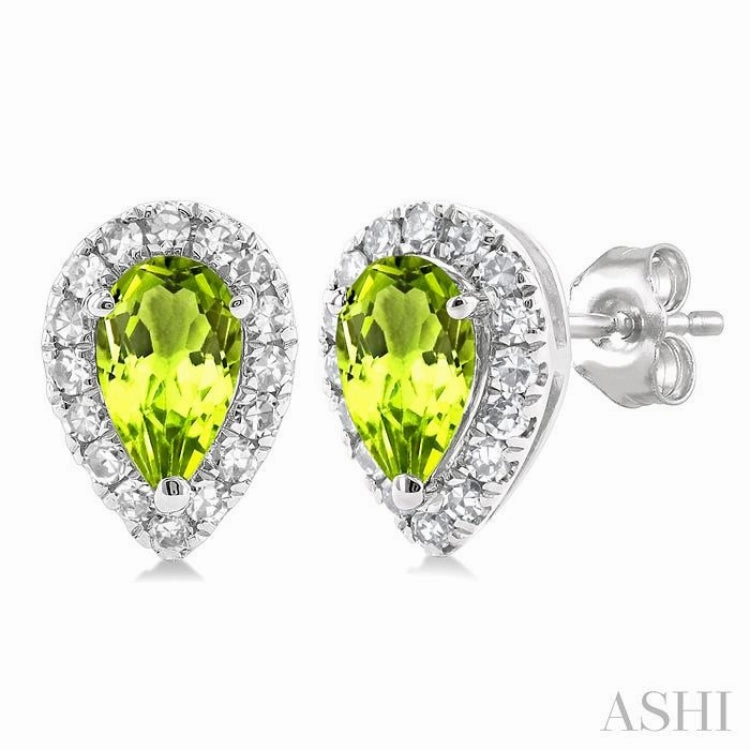 5x3 MM Pear Shape Peridot and 1/8 Ctw Single Cut Diamond Halo Semi-Precious Stud Earrings in 14K White Gold Style Match Distinctive Craft