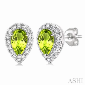 5x3 MM Pear Shape Peridot and 1/8 Ctw Single Cut Diamond Halo Semi-Precious Stud Earrings in 14K White Gold Style Match Distinctive Craft