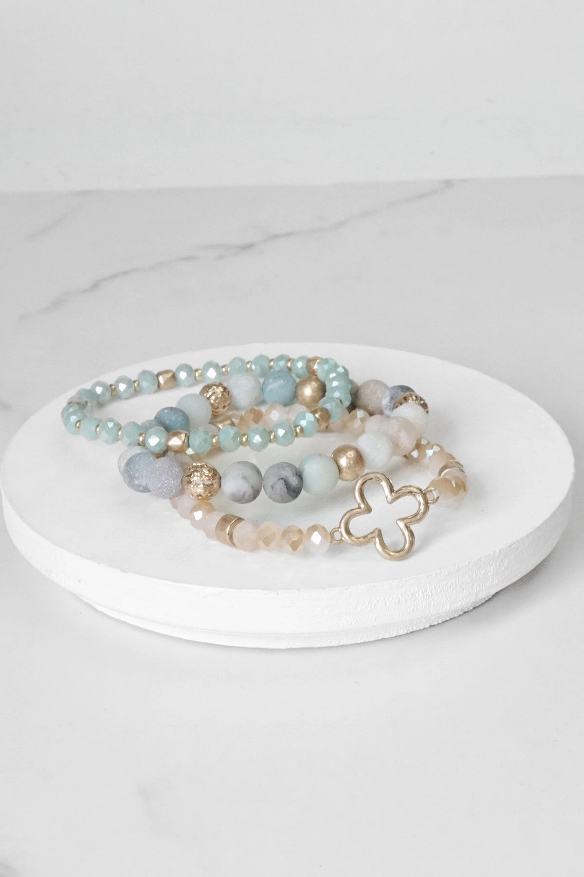Market leader Beaded Bracelet Set Clover Semi Precious Amazonite Metal Glass Beads Gold tone