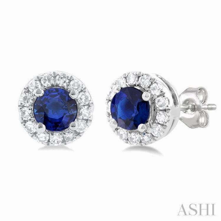 3.25 MM Round Sapphire and 1/10 Ctw Single Cut Diamond Halo Precious Stud Earrings in 10K White Gold Signature Accent