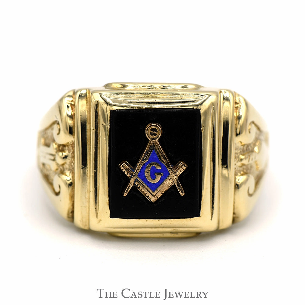Lovely Look Urban Fit Black Onyx Square & Compass Masonic Ring with Blue Enamel in 10k Yellow Gold Square Shaped Mounting