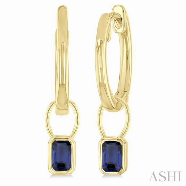 5x3 MM Bezel Set Emerald Cut Sapphire Precious Fashion Huggie Earrings in 10K Yellow Gold Lively Spirit Custom Shine
