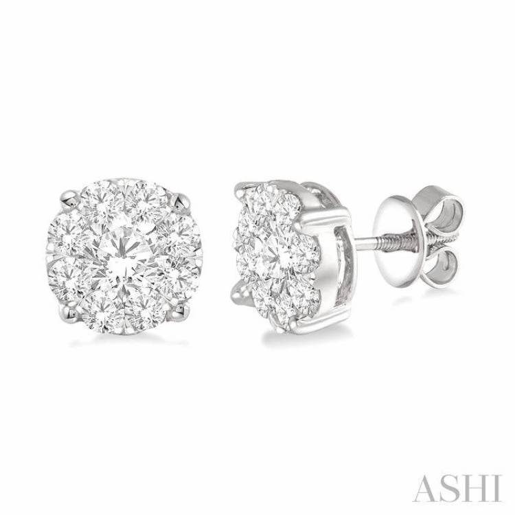 1 1/2 Ctw Lovebright Round Cut Diamond Stud Earrings in 14K White Gold Silk Finish