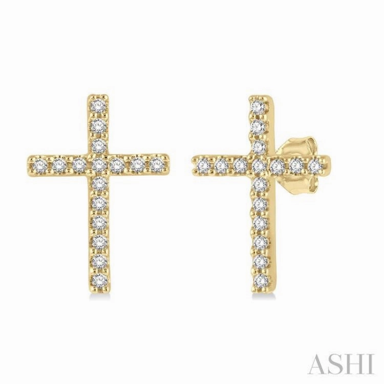 1/10 ctw Cross Round Cut Diamond Petite Fashion Stud Earring in 10K Yellow Gold Lightweight Accent Dainty Charm