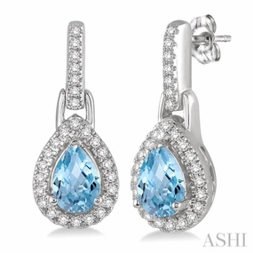 Dazzling Highlight Modern Flair 6x4 MM Pear Shape Aquamarine and 1/5 ctw Round Cut Diamond Earrings in 10K White Gold