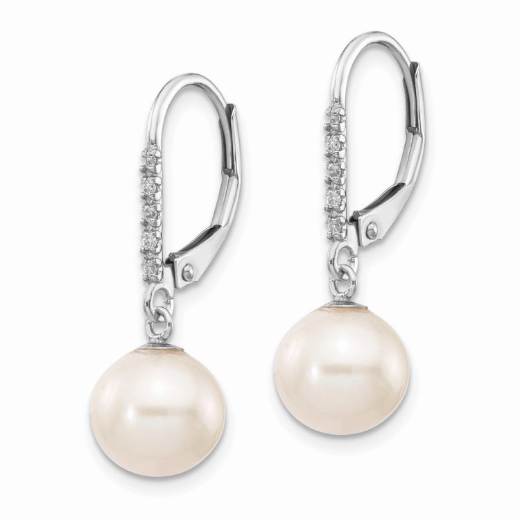 Pastel Palette 14k White Gold 8-9mm White Round Freshwater Cultured Pearl and .05 Carat Diamond Dangle Leverback Earrings