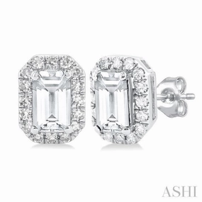 Exclusive Jewelry 5x3 MM Octagonal Shape White Topaz and 1/8 Ctw Single Cut Diamond Halo Semi-Precious Stud Earrings in 14K White Gold