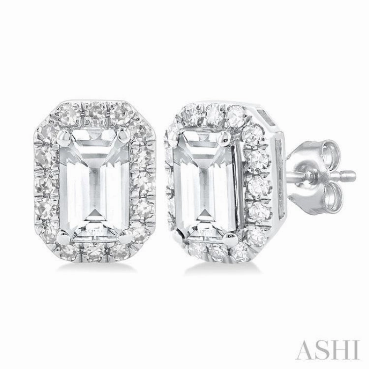 Exclusive Jewelry 5x3 MM Octagonal Shape White Topaz and 1/8 Ctw Single Cut Diamond Halo Semi-Precious Stud Earrings in 14K White Gold