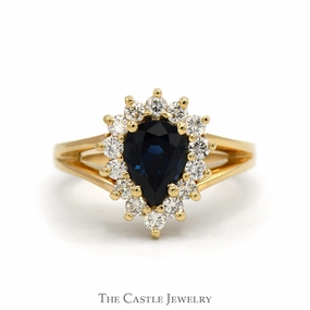 Pear Cut Sapphire Ring with Diamond Halo in 14k Yellow Gold Split Shank Setting Casual Balance Luxury Detail