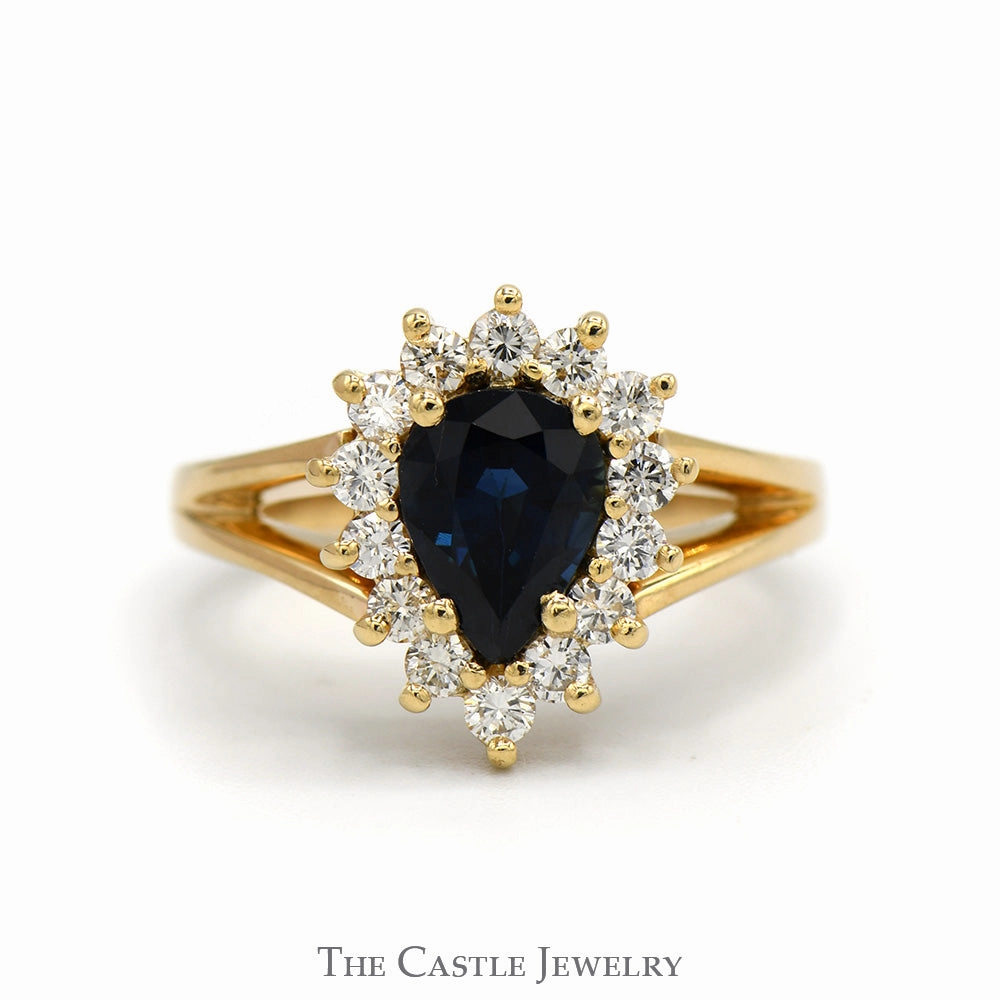 Pear Cut Sapphire Ring with Diamond Halo in 14k Yellow Gold Split Shank Setting Casual Balance Luxury Detail