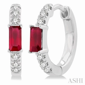 4X2 MM Baguette Cut Ruby and 1/8 Ctw Petite Round Cut Diamond Fashion Huggies in 10K White Gold Dainty Detail