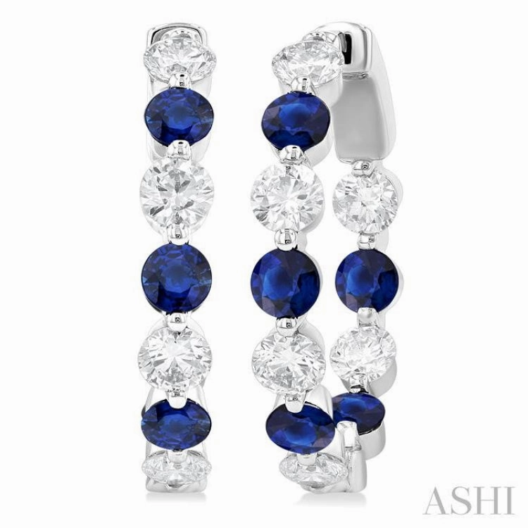 Glow Touch 2.85 MM Round Cut Sapphire and 1 ctw Round Cut Diamond Precious Inside-Out Alternating Hoop Earrings in 14K White Gold