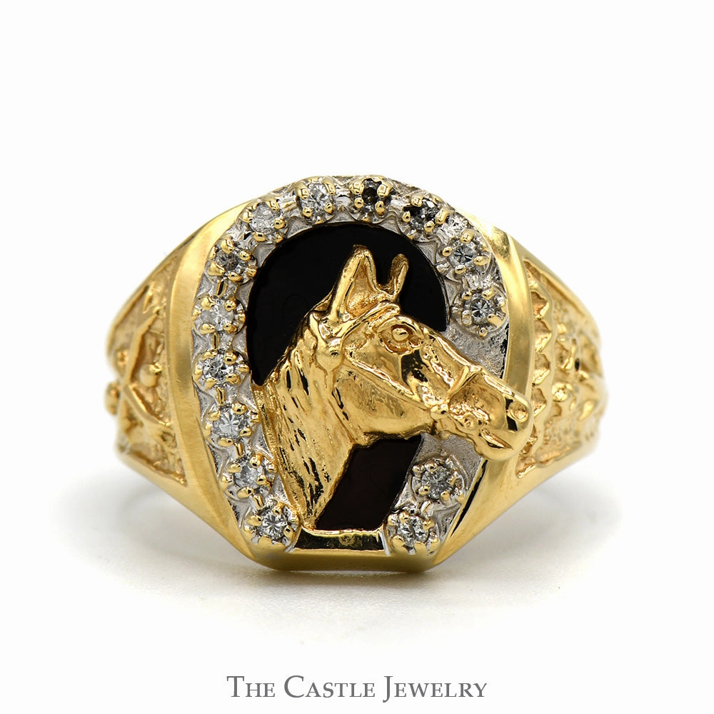 Opaque Surface Diamond Horseshoe Ring with Horse Head & Black Onyx Back in 10k Yellow Gold