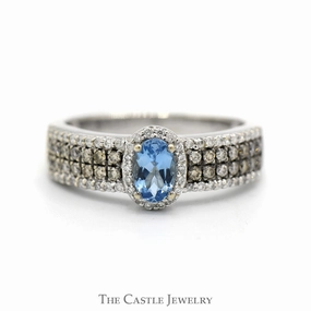 Classic Gift Lightweight Jewelry Oval Blue Topaz Ring with Halo & Cocoa Diamond Accented Sides in 14k White Gold