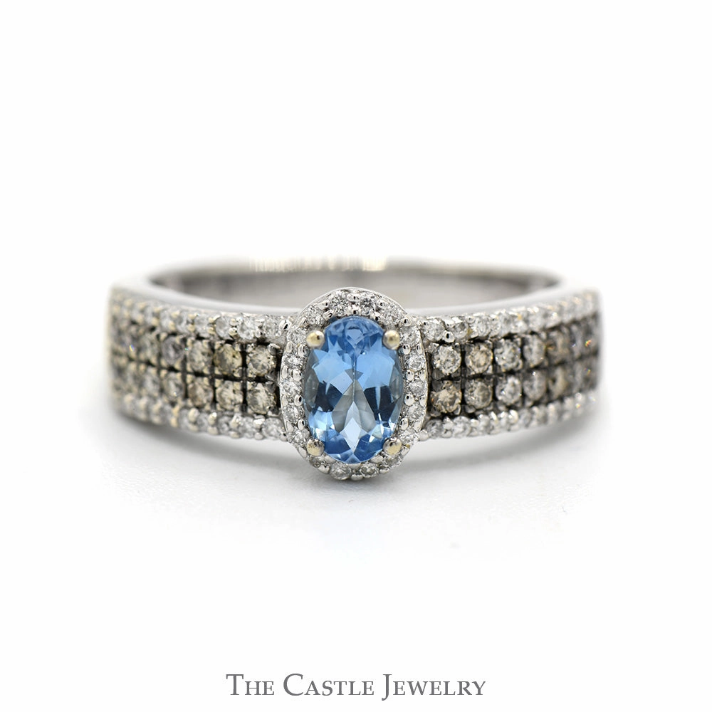 Classic Gift Lightweight Jewelry Oval Blue Topaz Ring with Halo & Cocoa Diamond Accented Sides in 14k White Gold