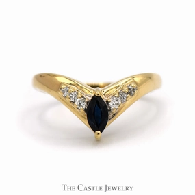 Marquise Cut Sapphire Ring with Diamond Accents in 14k Yellow Gold "V" Shaped Setting Metric Measure Inspired Accent