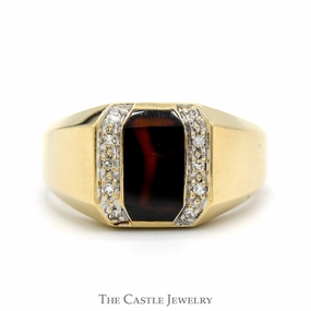 Men's Tiger's Eye Ring with Diamond Accents in 14k Yellow Gold Artistic Craft Satisfaction Ensured