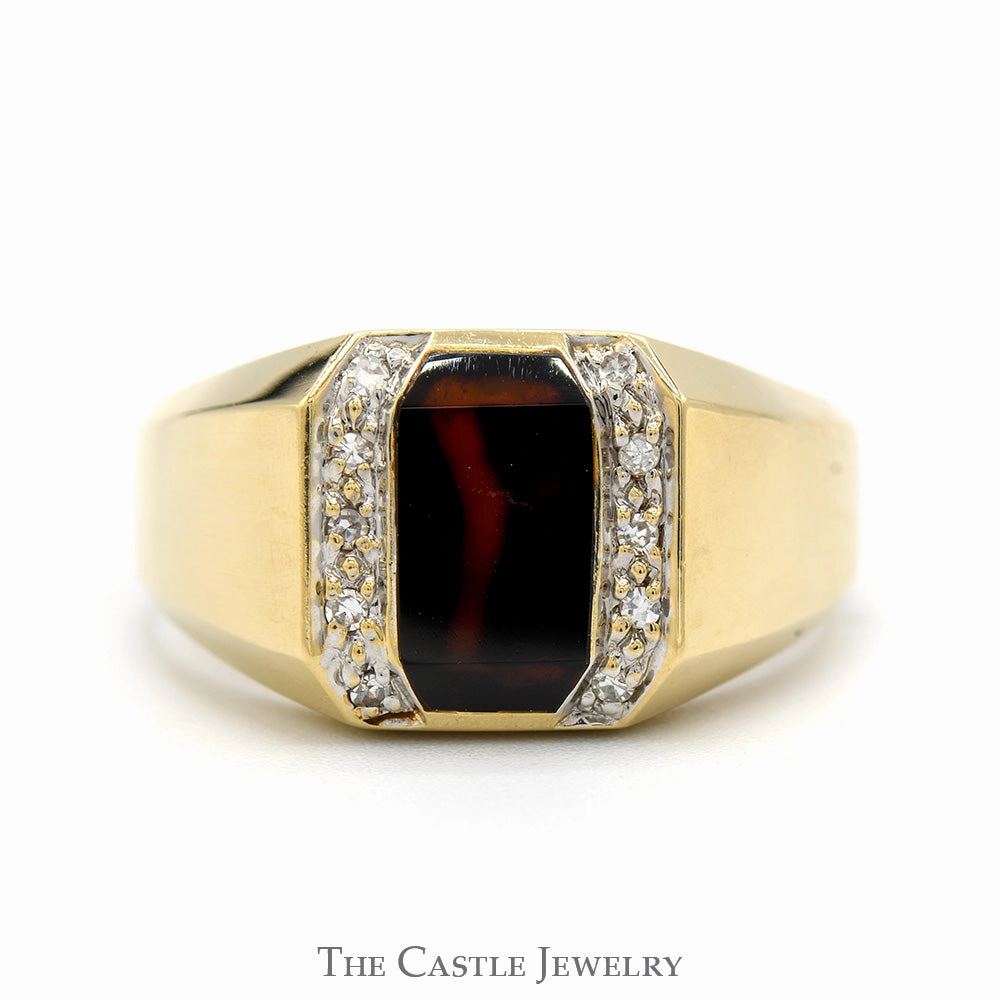 Men's Tiger's Eye Ring with Diamond Accents in 14k Yellow Gold Artistic Craft Satisfaction Ensured