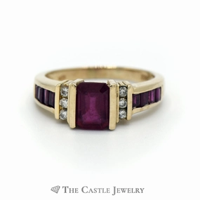 Emerald Cut Ruby Ring With Diamond Accents In 14K Yellow Gold Luxurious design