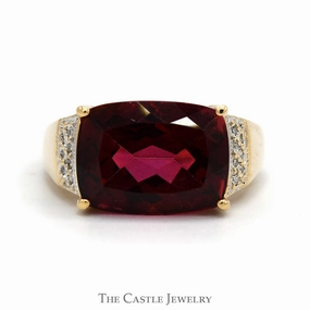 Elongated Cushion Cut Ruby Ring with Diamond Accented Sides in 10k Yellow Gold All Day Look