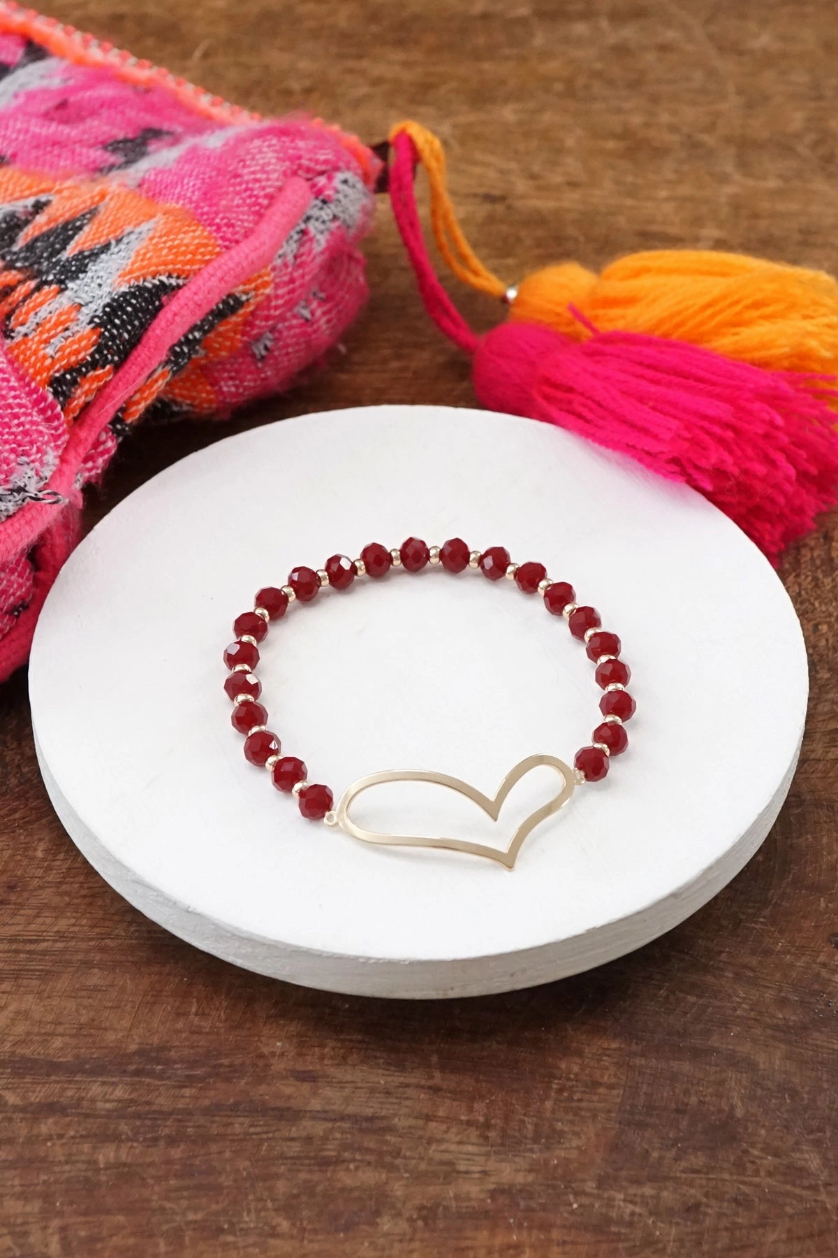 Burgundy beads bracelet with a cut out big Heart in gold tone Meticulously Packaged