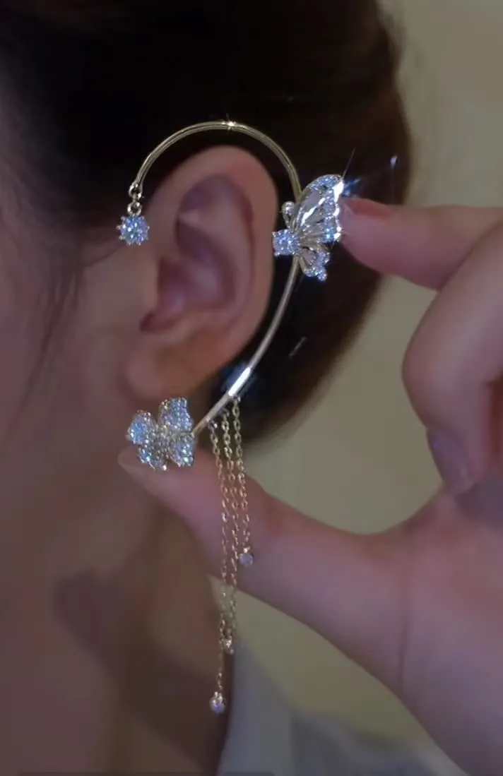 Butterfly Tassel Style Zircon Earrings Non Piercing,Butterfly Ear Cuff Tassel Earrings for Women,14K Gold Plated Shiny Zircon Butterfly Flowers Ear Clips Wrap Earrings (Silver)