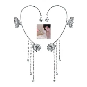 Butterfly Tassel Style Zircon Earrings Non Piercing,Butterfly Ear Cuff Tassel Earrings for Women,14K Gold Plated Shiny Zircon Butterfly Flowers Ear Clips Wrap Earrings (Silver)