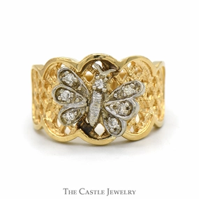Butterfly Designed Ring with Diamond Accents and Open Lattice Sides in 14k Yellow Gold Secure Work