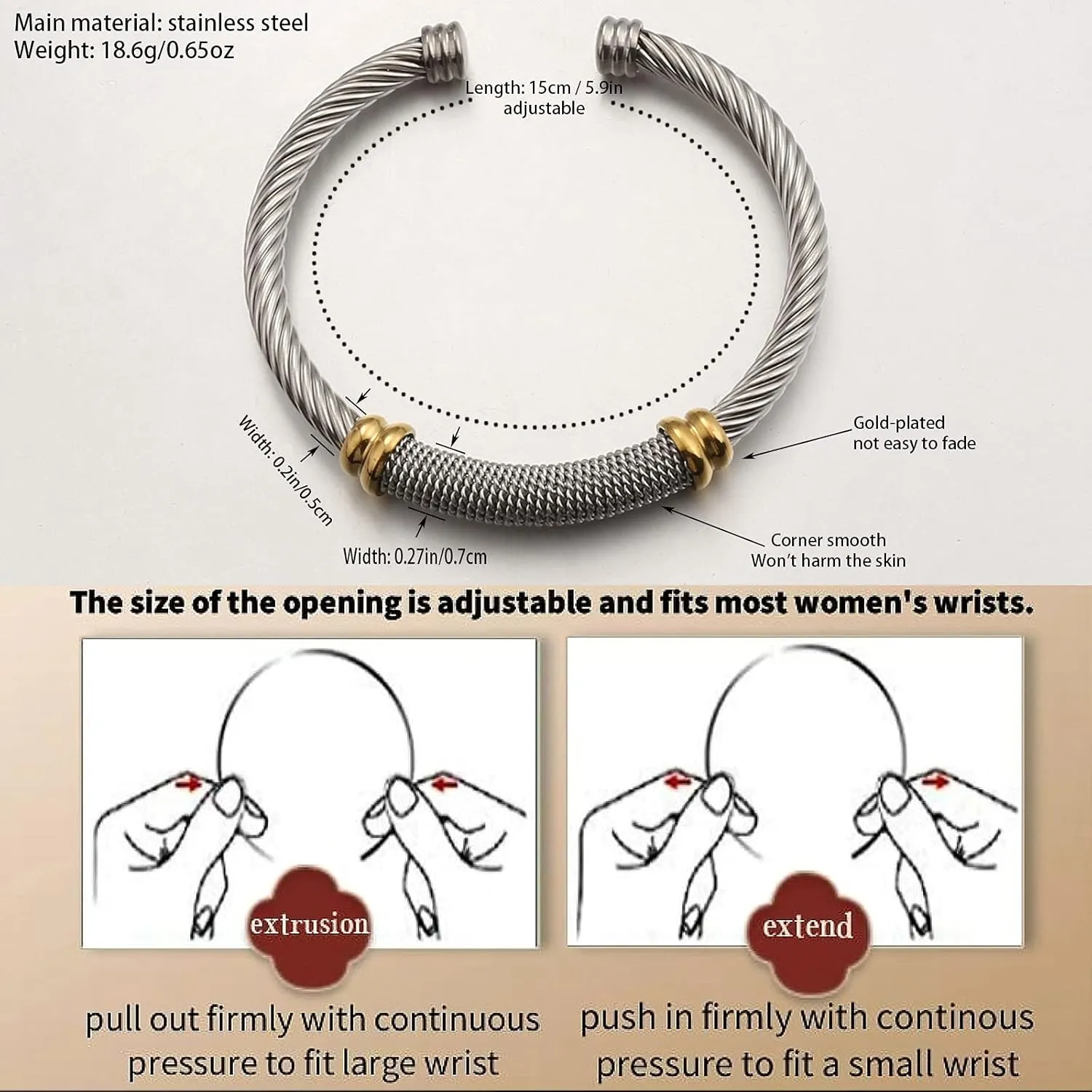 Cable Bracelet for Women Cuff Twisted Wire Vintage ladies bangle bracelets Elastic Adjustable Stainless Steel Jewelry With Gift Box