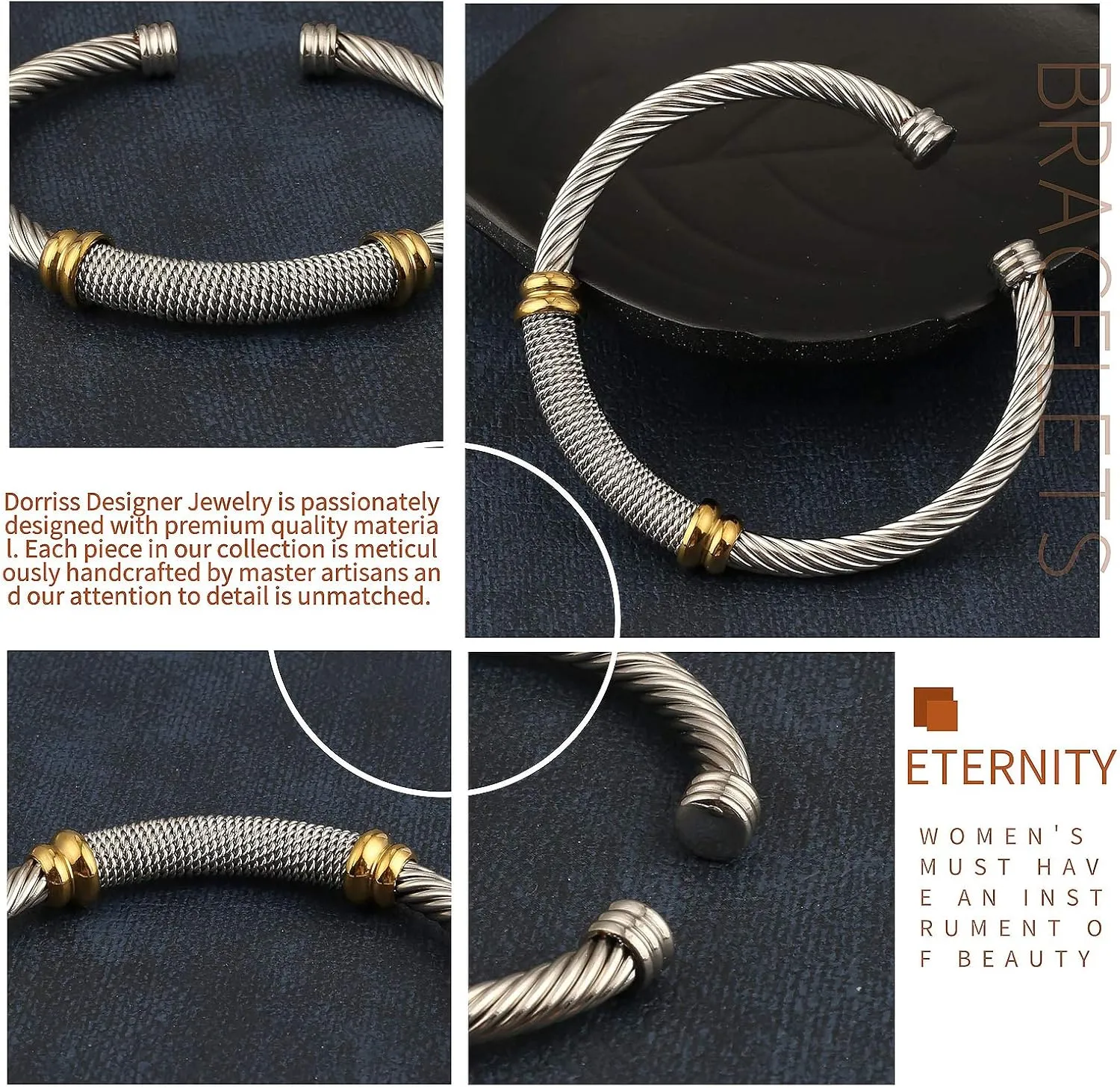 Cable Bracelet for Women Cuff Twisted Wire Vintage ladies bangle bracelets Elastic Adjustable Stainless Steel Jewelry With Gift Box