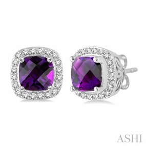 Statement Look 6x6 MM Cushion Shape Amethyst and 1/4 Ctw Round Cut Diamond Earrings in 14K White Gold