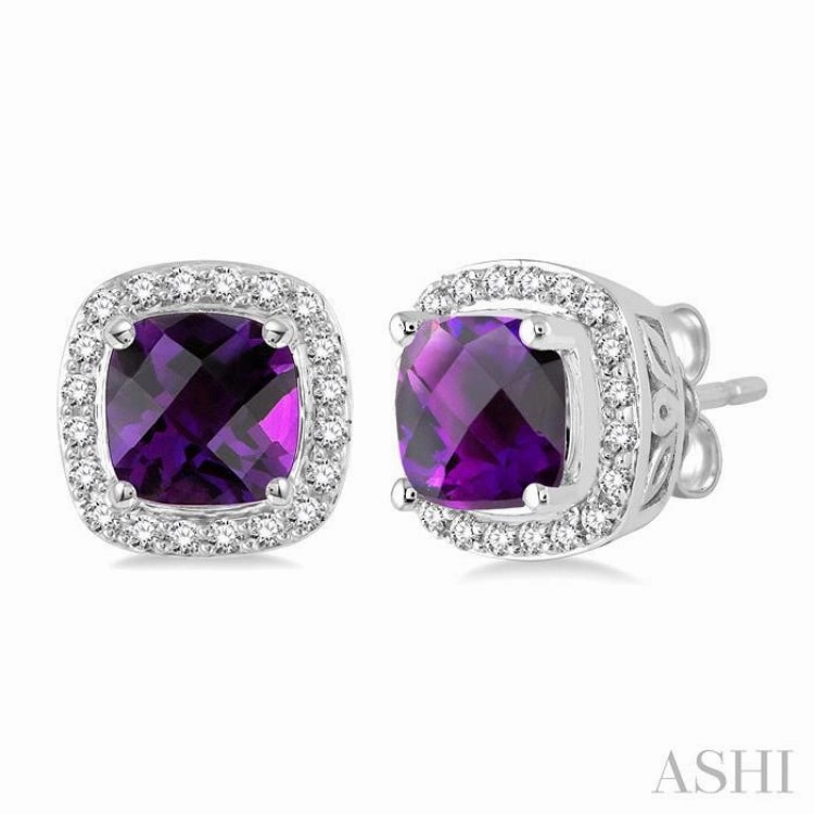 Statement Look 6x6 MM Cushion Shape Amethyst and 1/4 Ctw Round Cut Diamond Earrings in 14K White Gold