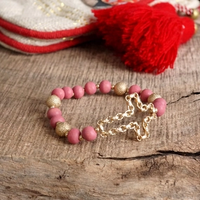 Historically Inspired Wide Fusions Sideways Cross Bracelet with Wood Beads Gold tone Black Red Cream Green