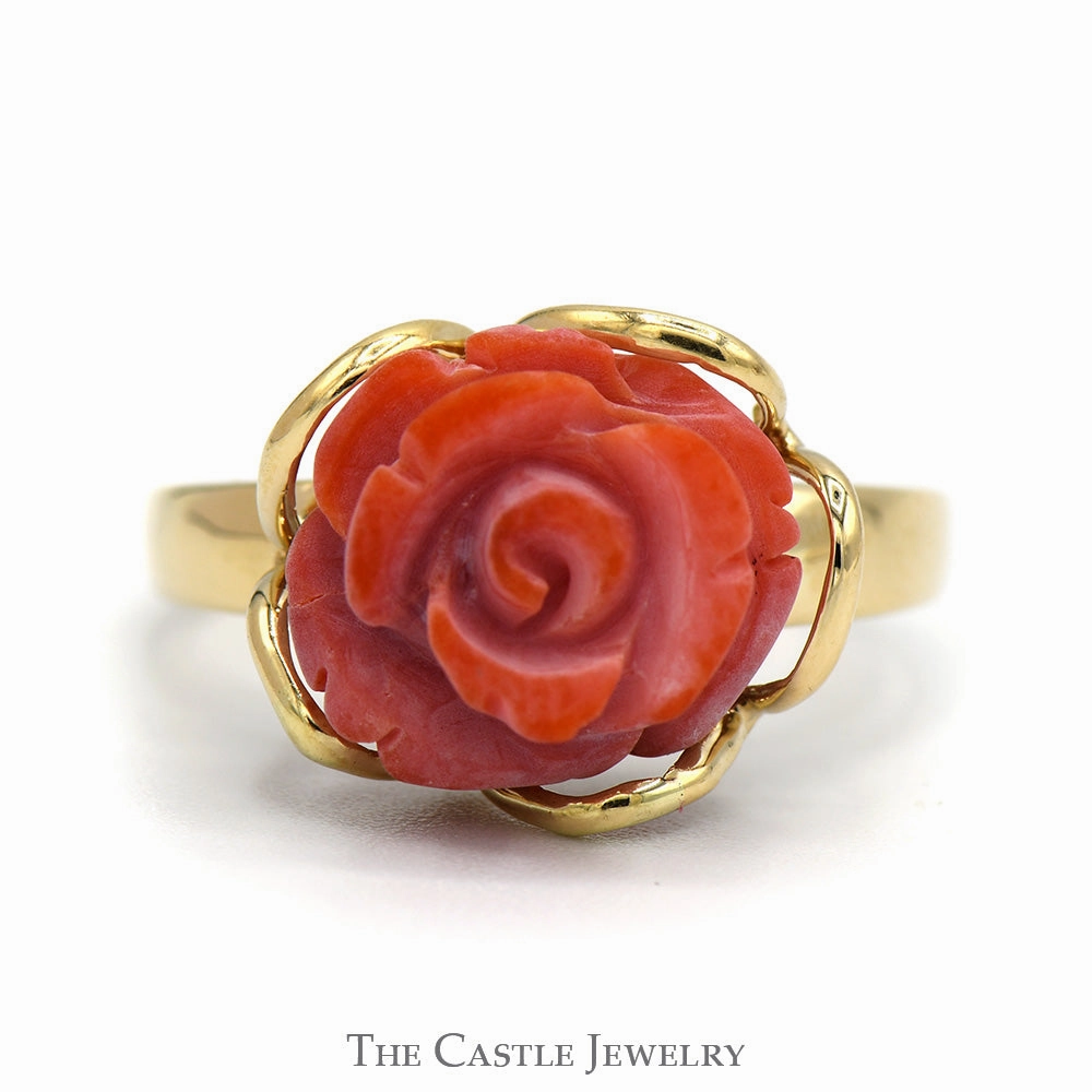 Carved Coral Rose Ring in 14k Yellow Gold daily accessory Exchange Option