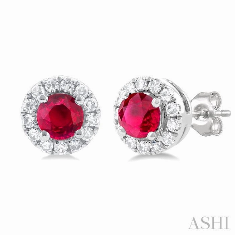 3.25 MM Round Ruby and 1/10 Ctw Single Cut Diamond Halo Precious Stud Earrings in 10K White Gold Shining Detail