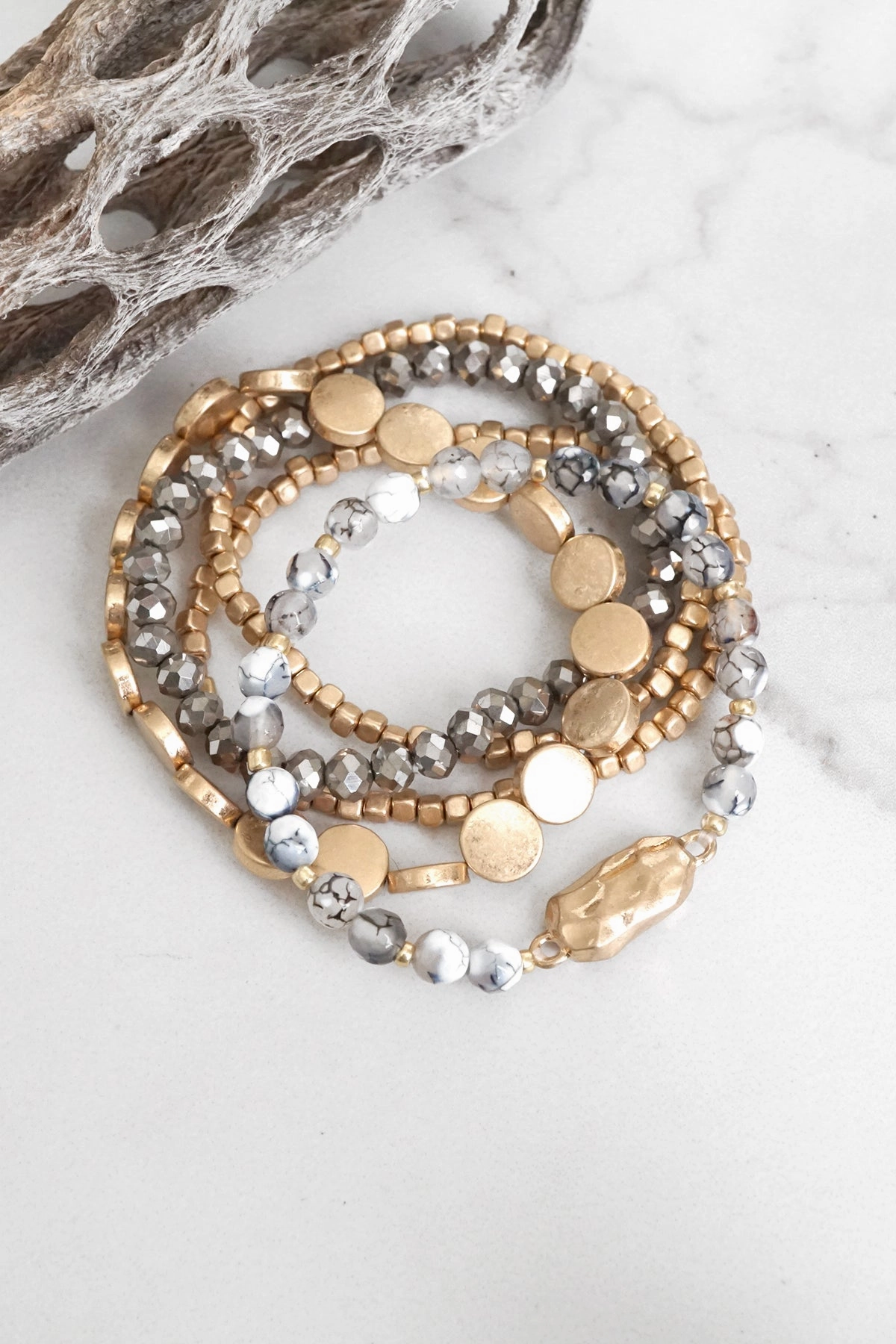 Perfect Amalgamations 5 piece Boho Beaded Bracelets Stack Semi Precious Metal Glass Beads Golden nugget flat beads