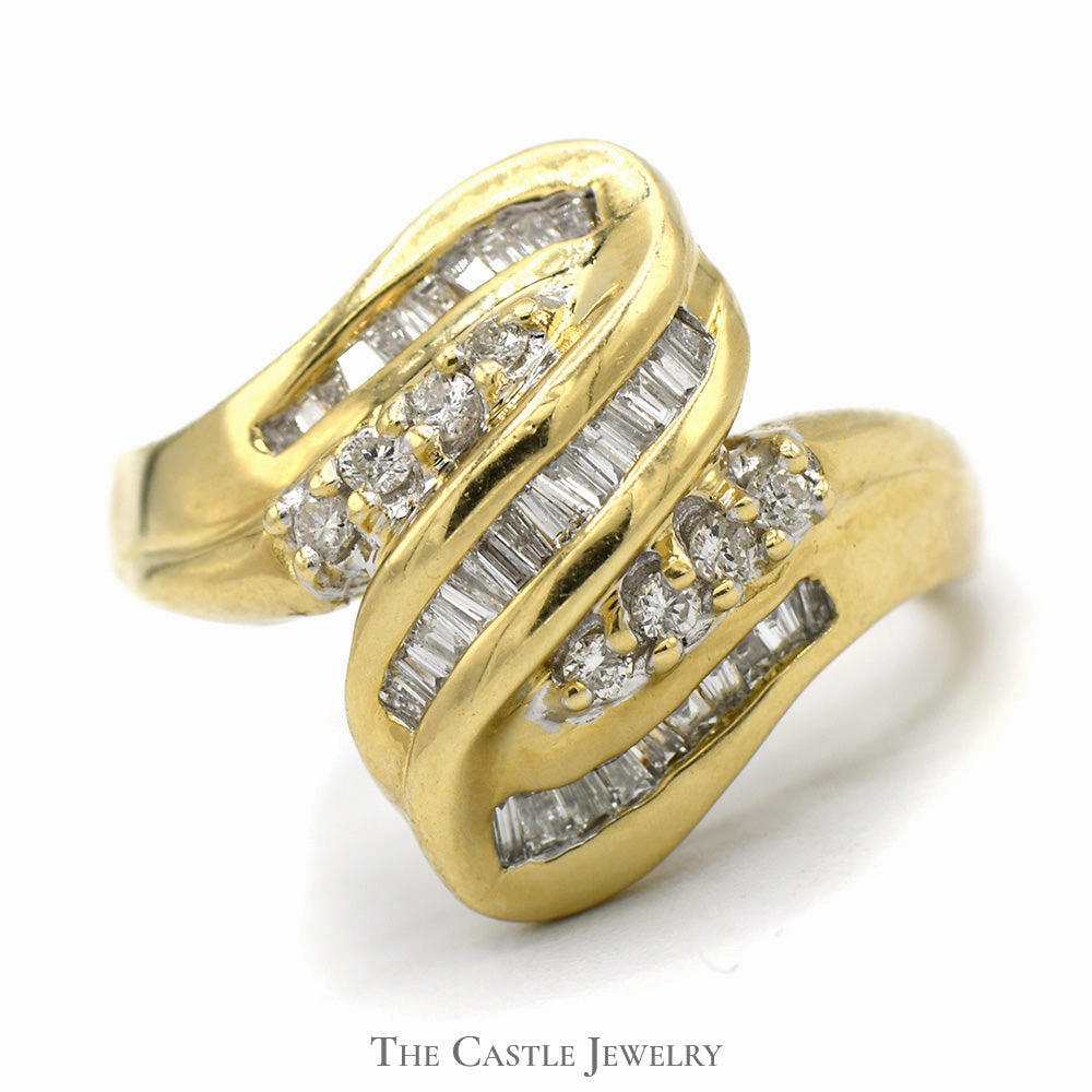 Channel Set Baguette and Round Diamond Swirled Ring in 14k Yellow Gold Romantic Ornament Style Ready