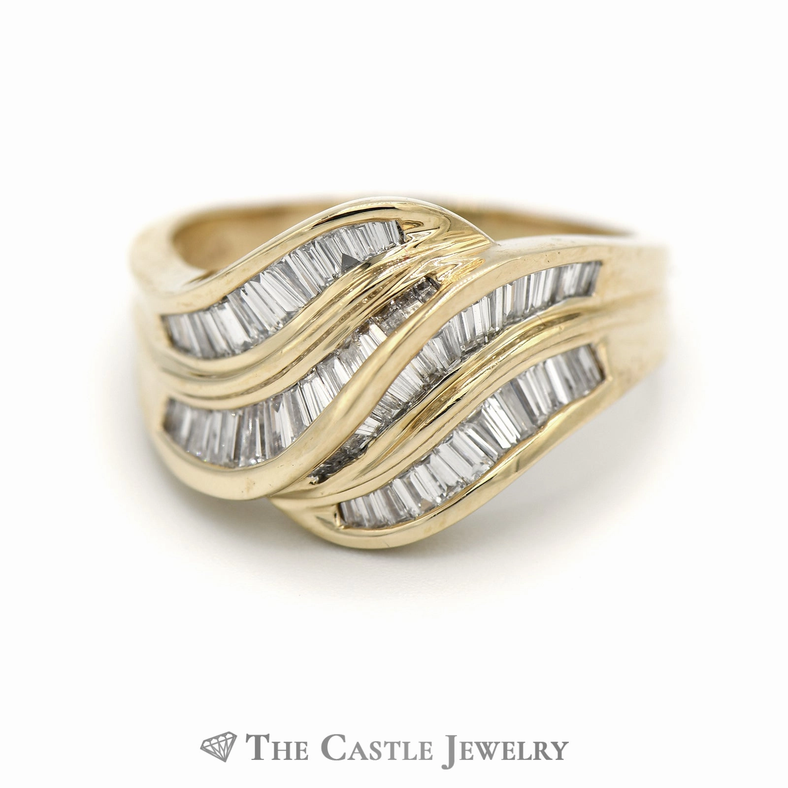 Elegant Motion Wonderful Decoration Channel Set Baguette Cut Diamond Free Form Wave Band in 14k Yellow Gold