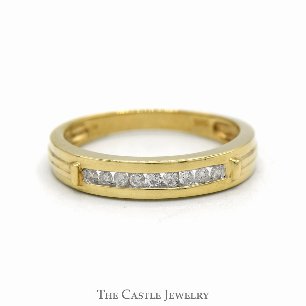 Channel Set Diamond Band with Grooved Sides in 10k Yellow Gold Refined Edge Elegant Texture