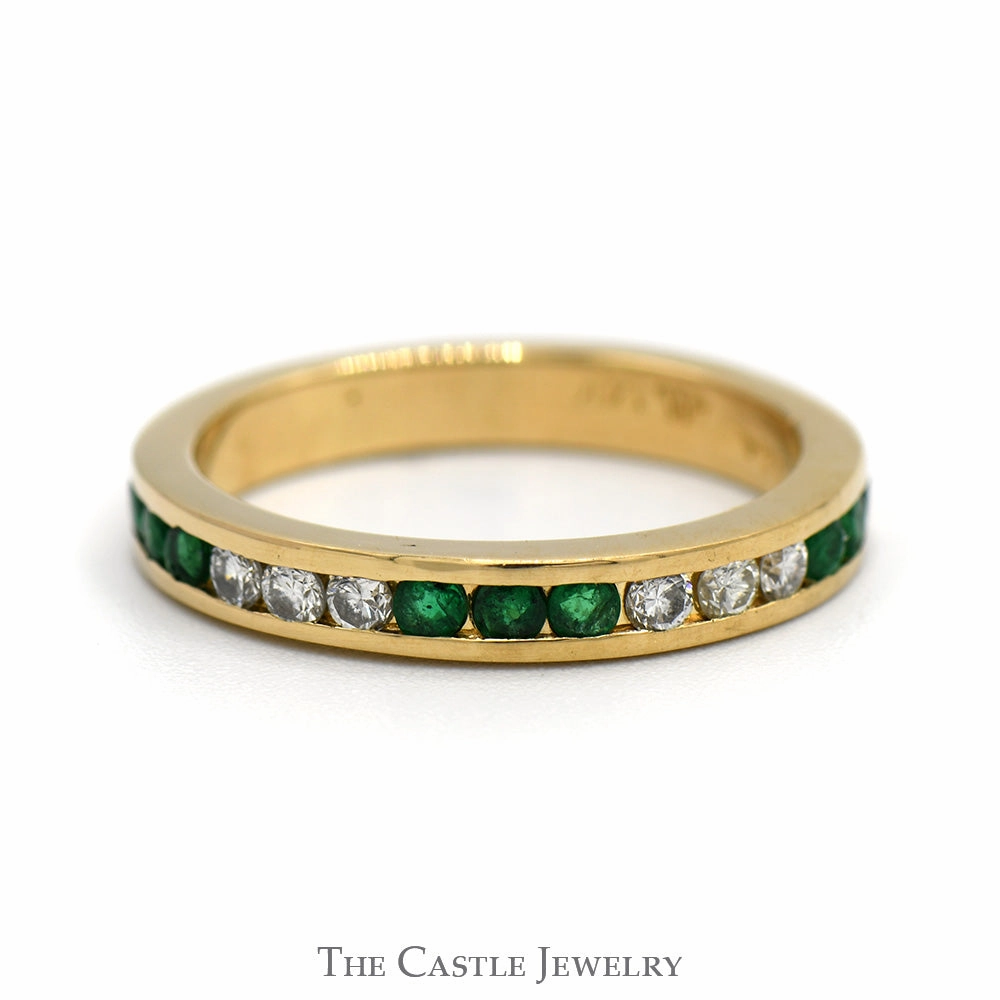 Traditional Motif Vintage Article Channel Set Emerald and Diamond Band in 14k Yellow Gold