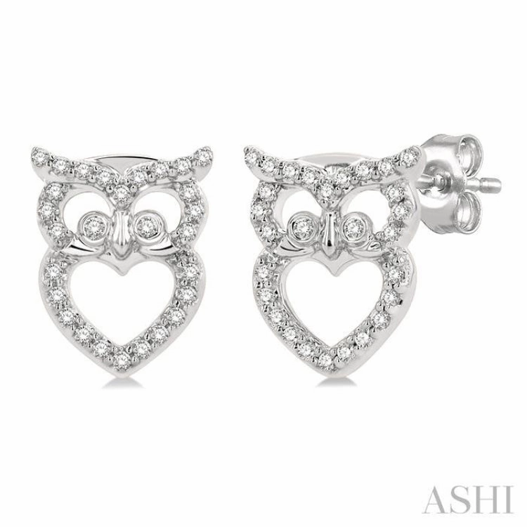 Versatile Look 1/6 Ctw Petite Owl Round Cut Diamond Fashion Stud Earring in 10K White Gold