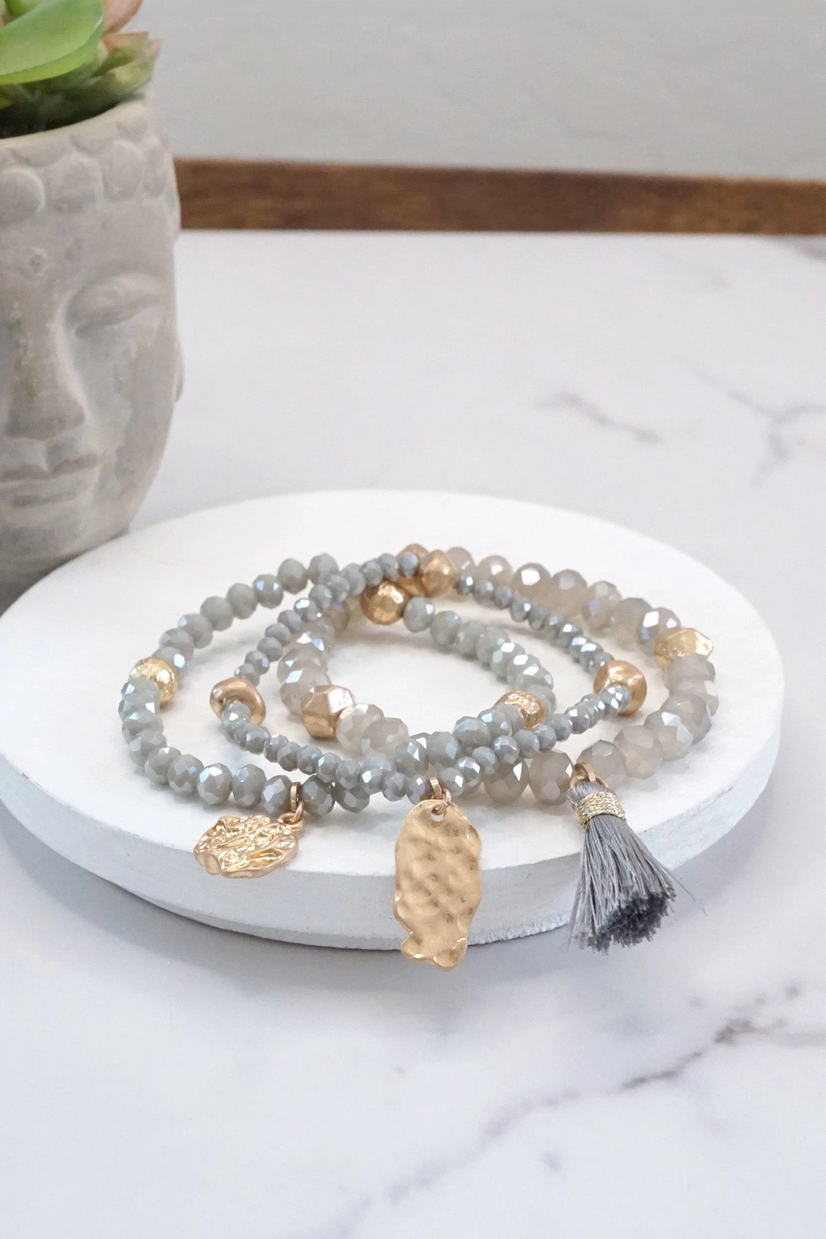 Beaded bracelet stack with tassel and coins Aqua Taupe Rose Persistent Blends